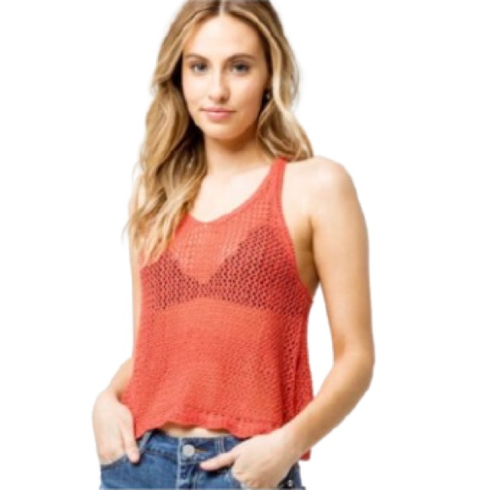 Sky and Sparrow women’s crochet rust color v-neck tank top size small